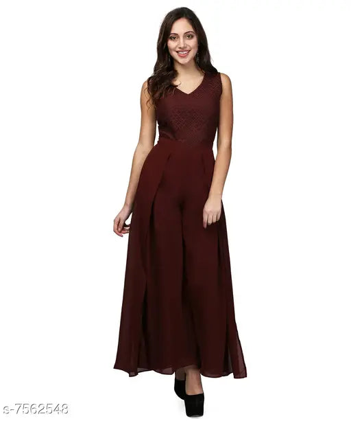 Dark brown Georgette maxi jumpsuit, sleeveless layered lace design for women's parties