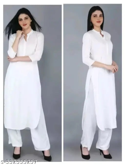White rayon kurta with rayon palazzos, three-quarter sleeves, pack of 2 sizes M-XXL. Stylish, classy ethnic wear for special occasions, made in India
