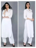 White rayon kurta with rayon palazzos, three-quarter sleeves, pack of 2 sizes M-XXL. Stylish, classy ethnic wear for special occasions, made in India