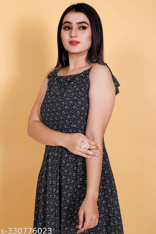 Black sleeveless Georgette kurti for women, full flared gheri & anarkali type, digital printed exclusive design with heavy American crape lining and round neck