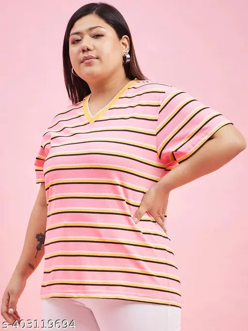 Striped cotton blend solid half sleeve top for women, size XL (bust 44in, length 28in), Made in India