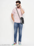 Striped cotton-blend men's polo shirt, short sleeves, size L (42in/28in), made in India