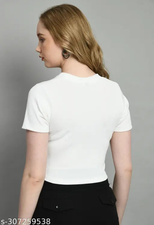 White Lycra mandarin collar women's t-shirt, short sleeves, quick dry, easy to wear with jeans or skirts, made in India