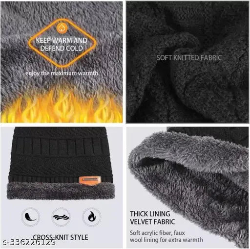 Wool winter cap, muffler & gloves - solid design, comfortable onesize set from India