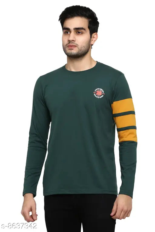 Round neck cotton blend full sleeve t-shirt, printed net pattern for men, long sleeves, size S from India