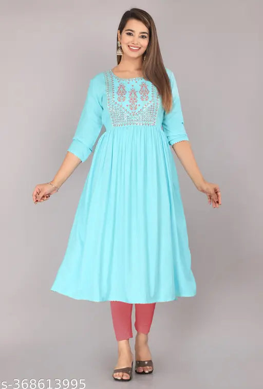 Rayon sequinse embroidered tiered kurti, traditional-meets-western women's fashion from Tiwari Enterprises, S-XXXL sizes