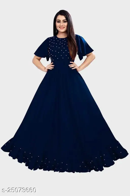 Blue embellished net rayon gown for women, trendy style with various sizes available from S to XXL. Made in India