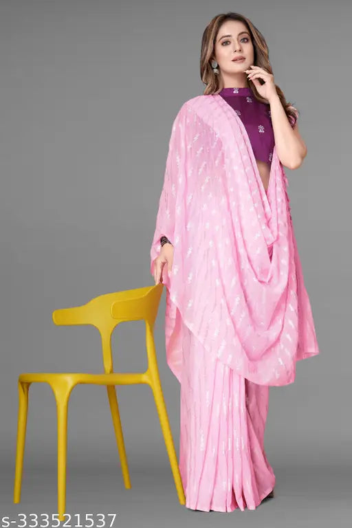 Pink Georgette saree with traditional pallu, hand block printed design