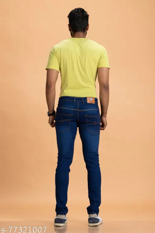 Dark blue denim Lzard men's stretchable jeans for casual, party, and office wear. Durable pockets available, suitable for sizes 28-42 inches. India-made quality jeans