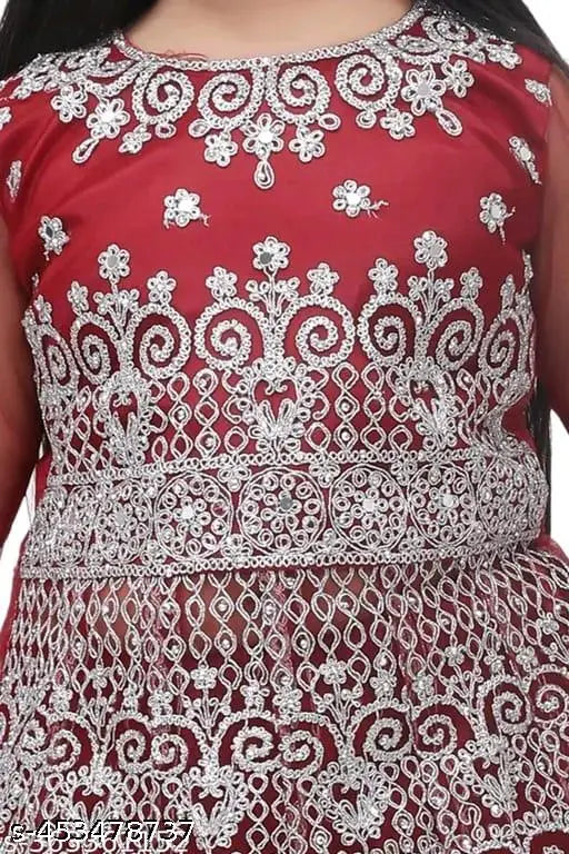 Maroon sleeveless net lehenga choli for kids, embellished with embroidery work