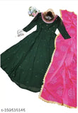 Pretty graceful women's Georgette kurti with digital print, three-quarter sleeves, and mirror work. Indian maxi dress with dupatta featuring stonework and lace." (106 characters)