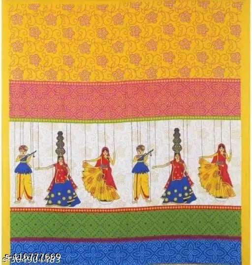 Yellow Rajasthani bedsheet with dancing girls, 100% cotton, double bed size, vibrant design.