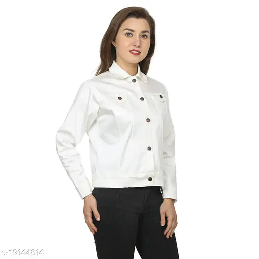 Cotton solid-colored women's denim jacket for comfort and style, full sleeves, size S-XL