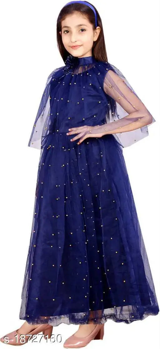 Blue net frock dress for girls, embellished ethnic gown with three-quarter sleeves, pack of 1, size range: 3-14 years