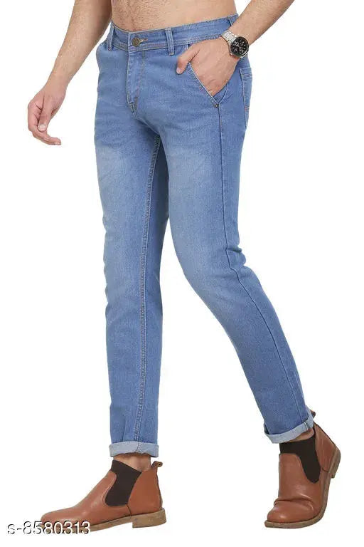Men's blue denim stretch jeans with elastic waistband and cuffed hem