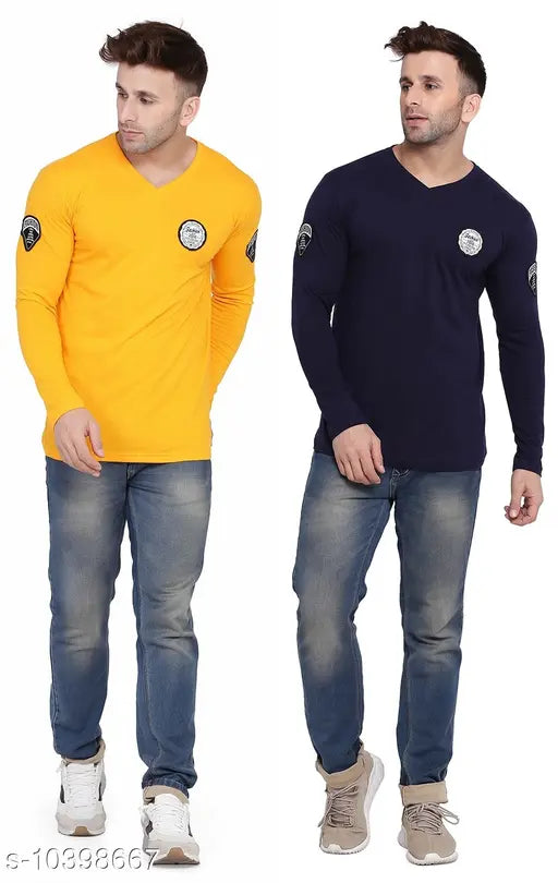 Multicolor cotton blend T-shirt, V-neck long sleeves design. Two pieces included, solid pattern on front, varied sizes available