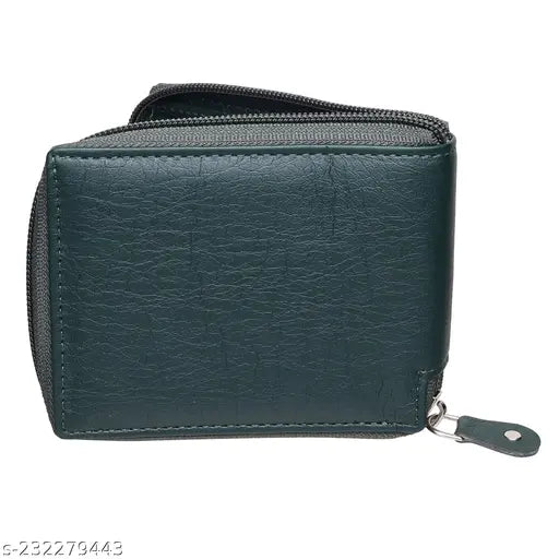 Green PU leather bi-fold wallet, slim design, 2 compartments, perfect for men and women