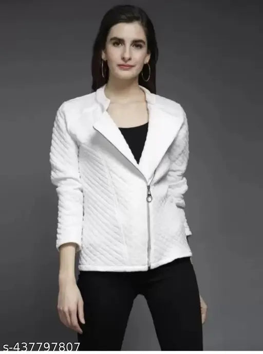 White fleece stylish side zipper jacket in black, solid pattern with long sleeves and premium quality fabric, displaying XL size (Bust Size: 40in, Length Size: 23in) from India
