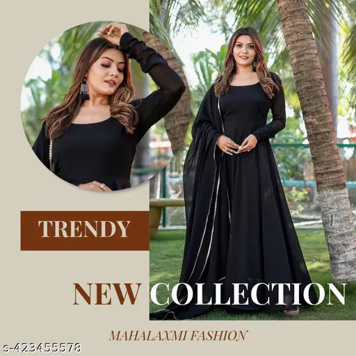 Elegant Solid Plain Black Dress Gown with Dupatta Set - Trendy Women's Fashion on Meesho || Solid Plain Black Dress Gown with Dupatta Set || new black dress || party wear black dress || black dress ||