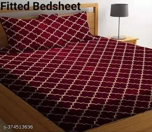 Glace cotton elastic fitted printed double bed sheet & pillow cover set, checkered design in summer-ready superfine quality, ideal for adults