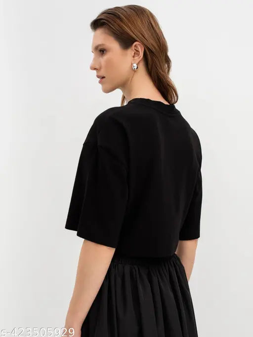 Trendy pink heart printed black cotton three-quarter sleeve crop top, loose fit and crew neck design for women's and girls' fitness and casual wear (India)