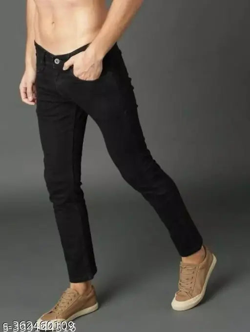 Boy's denim jeans, solid pattern, mid rise, slim fit shape, five pockets, stretchable, machine washable, black color. India-made, size options: 28x40, 30x40, 32x40