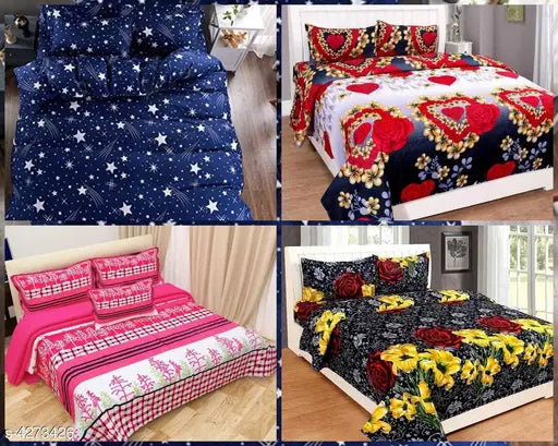 Comfy attractive polycotton queen double bedsheets pack of 4, soft & durable bedding for home decor