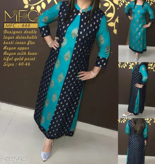 Designer rayon double layer detachable kurti with three-quarter sleeves, printed combo in Indian fashion style, suitable for sizes M-XXL