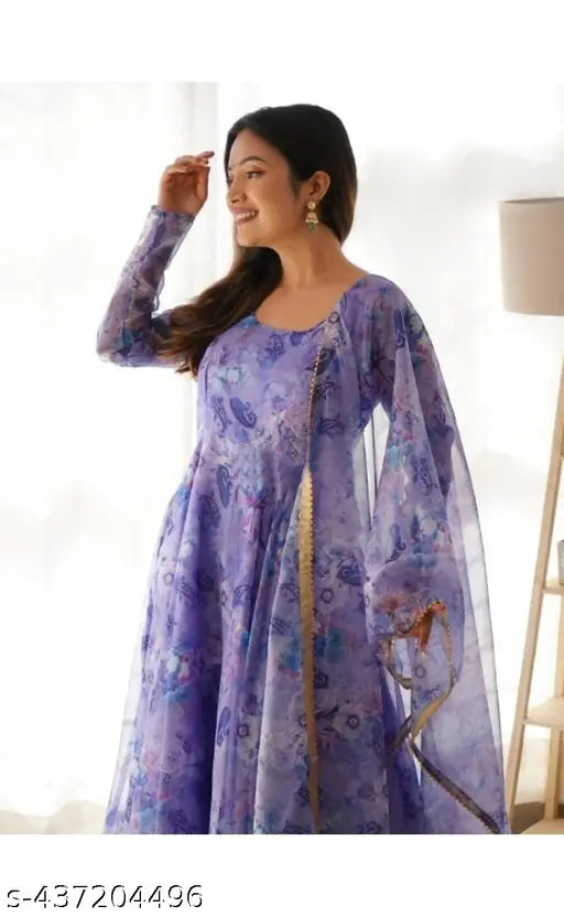 Blue Georgette Kurti Gown with Flower Print & Dupatta, women's Indian fashion for events & everyday wear