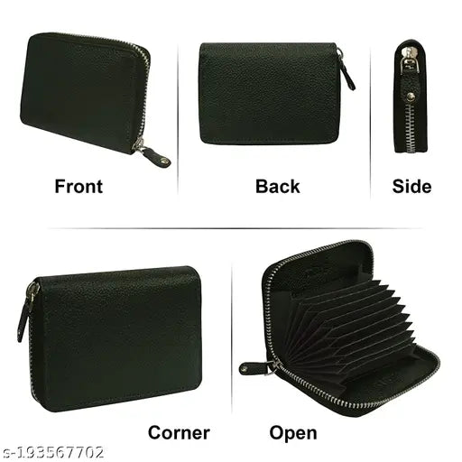 Black Leatherite Card Wallet with RFID Blocking, 11 slot, 15 card holder for unisex use, textured pattern, slim design. Perfect for everyday carry and secure storage of cards and money. Dimensions: L10.5cm x W7.5cm x H2.6cm. Comes with a gift box, easy lock button, and 6 months warranty. Made in China
