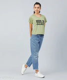 Green cotton women's typography t-shirt by CHIMPAAANZEE, short sleeves, size S (bust 36 in), round neck