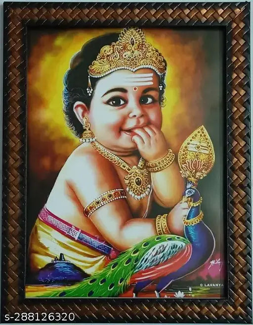 Indian-made, 9x12 inch photo frame featuring Murugan Baby and Nemili Peacock