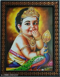 Indian-made, 9x12 inch photo frame featuring Murugan Baby and Nemili Peacock