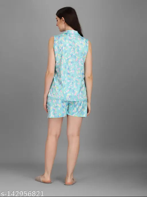 Kinjo women's printed poly silk tops & shorts night suits, sleeveless, size XXL, Indian-made