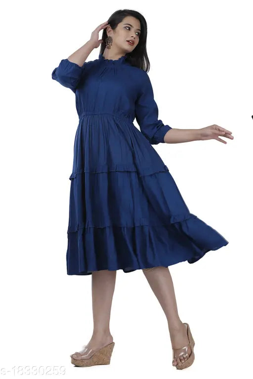 Navy blue ruffled midi dress with short sleeves