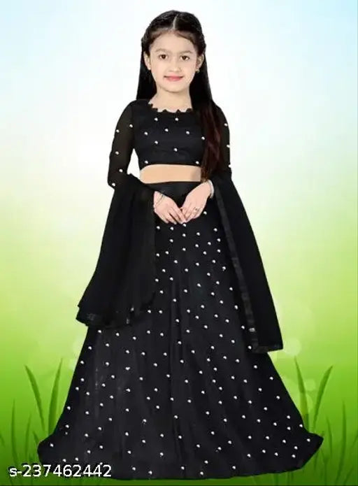 Kids acrylic net lehenga choli set in polka dot print, three-quarter sleeves, for girls aged 0-14 years, Indian ethnic wear