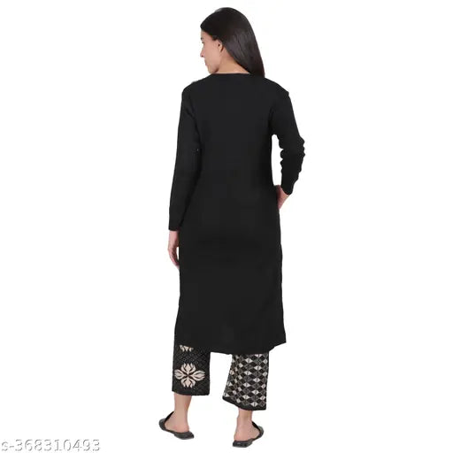 FUKUSO Premium Women's Palazzo Set in Navy Blue Wool Fabric