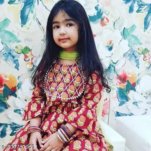 Printed cotton Anarkali kurti set with sharara & net dupatta, vibrant floral print, three-quarter sleeves, elastic waist. Traditional ethnic wear for kids, mother-daughter combo available, sizes: 4-5yrs (24in), 5-6yrs (26in), 6-7yrs (28in), 8-9yrs (32in) x2, 9-10yrs (32in). Made in India
