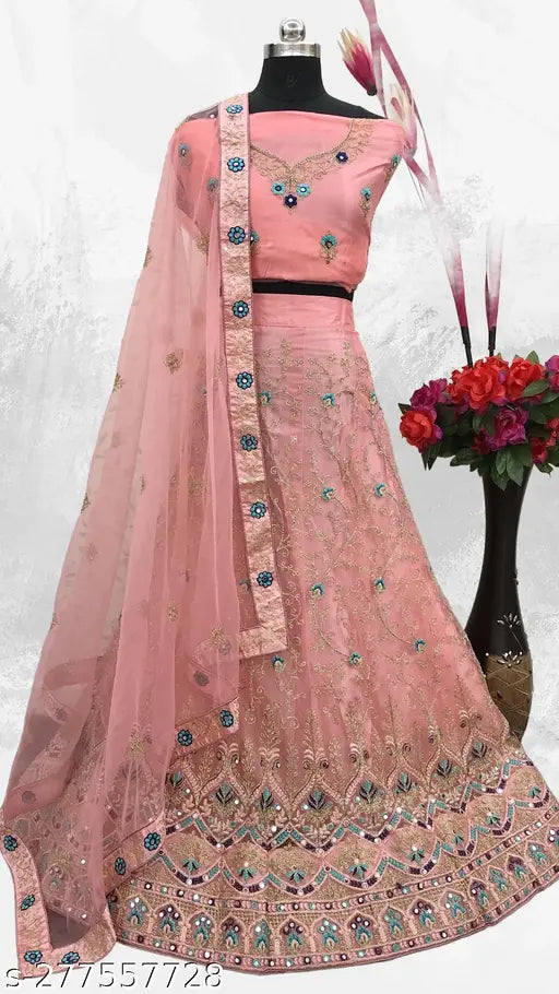 Pink net embroidered Lehenga Choli Set with Dupatta, free size, 2.5m length, best for regular occasions and festivals, Indo-western fashion, women's wear