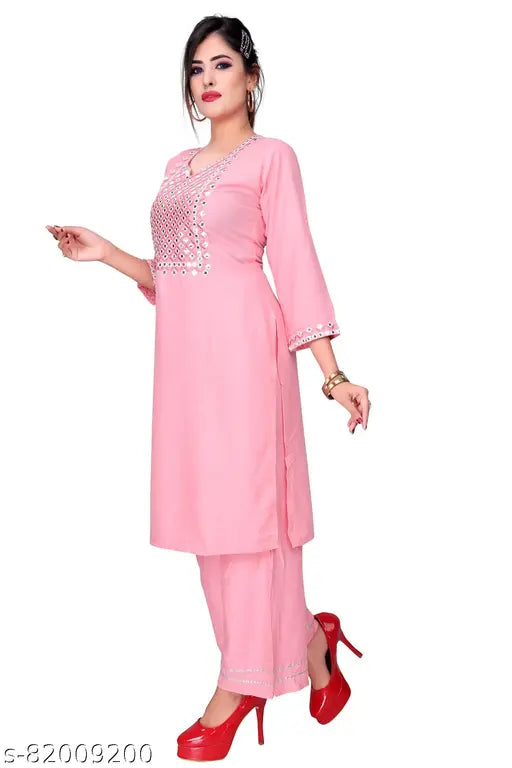 Rayon Mirror Work Embroidered Kurta & Palazzo Set - Indian women's fashion, beautiful embellished net design