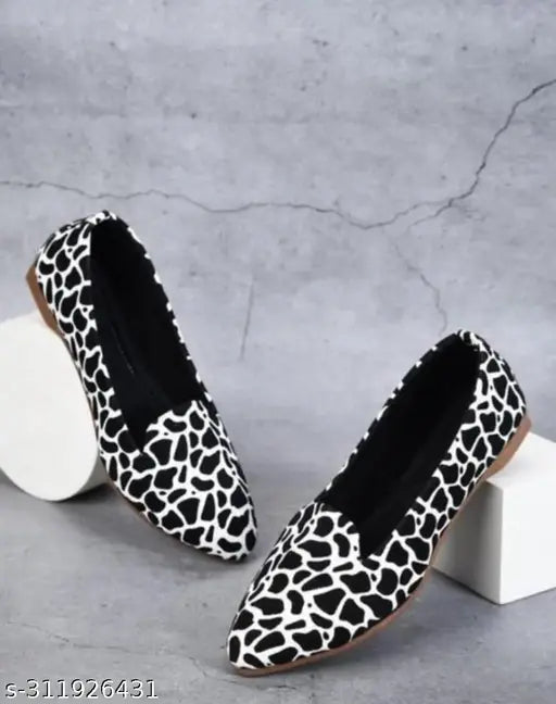 Black synthetic leather slip-on ballet flats for women by MAHI & LOOKS, printed style, sizes IND-3 to IND-9, made in India