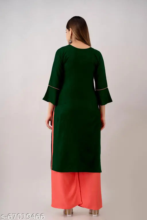Bottle Green Rayon Kurti & Plazo set with embroidered net details - Indian wedding & festive wear for S-XXXL sizes