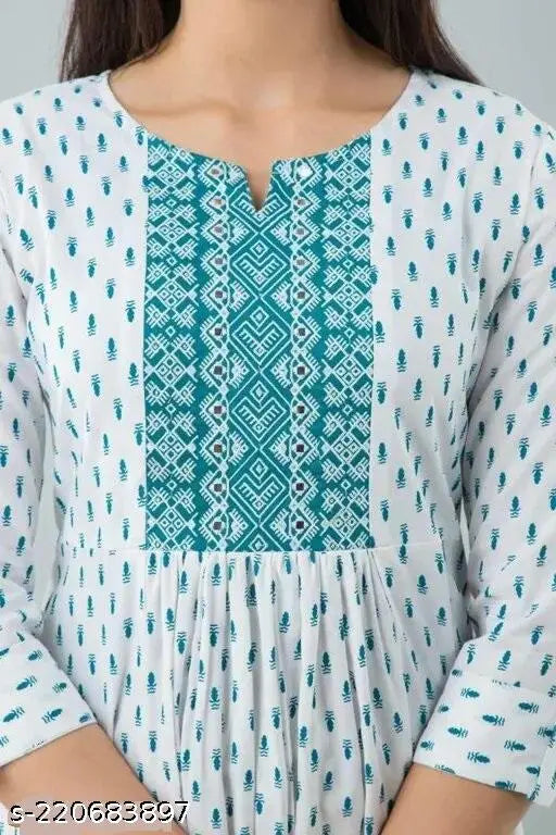 Blue and white print anarkali kurta with hand work gaithering design, 3/4 sleeve, women's formal wear