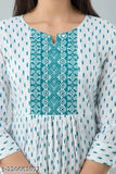 Blue and white print anarkali kurta with hand work gaithering design, 3/4 sleeve, women's formal wear