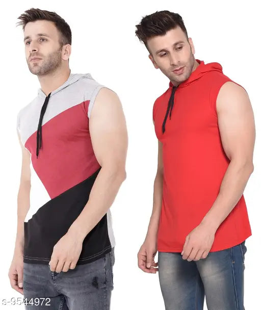 Multicolor cotton blend sleeveless hoodies pack for men, showcasing vibrant colorblocking design. Sizes include S (38 in chest), M (40 in chest), L (42 in chest), XL (44 in chest). Made in India