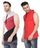 Multicolor cotton blend sleeveless hoodies pack for men, showcasing vibrant colorblocking design. Sizes include S (38 in chest), M (40 in chest), L (42 in chest), XL (44 in chest). Made in India