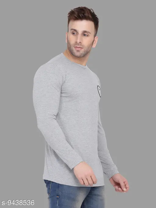 Grey melange cotton blend long sleeves men's printed T-shirt, solid pattern, size S (38in chest, 26in length), India origin