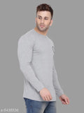 Grey melange cotton blend long sleeves men's printed T-shirt, solid pattern, size S (38in chest, 26in length), India origin