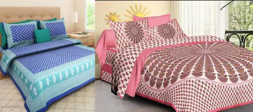 Multicolor Jaipuri printed cotton queen size bedsheets set with 4 matching pillow covers, perfect for traditional bedroom decor
