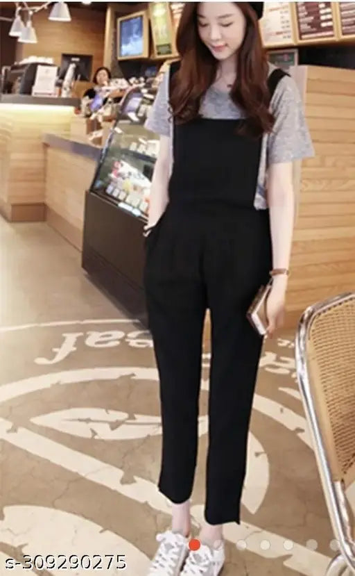 Stylish cotton-blend dungaree tee in solid color, XS to M size, Indian origin